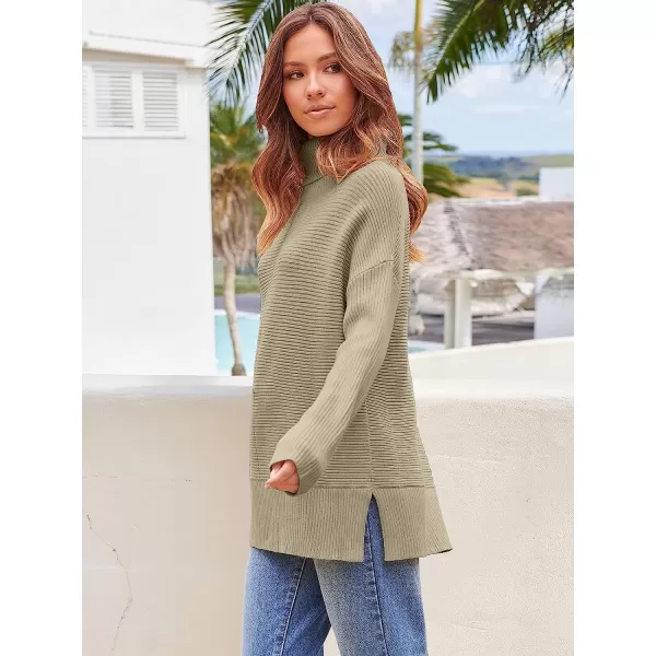 imageANRABESS Womens 2022 Fall Sweaters Turtleneck Long Batwing Sleeve Spilt Hem Pullover Knit Sweater TopsKhaki