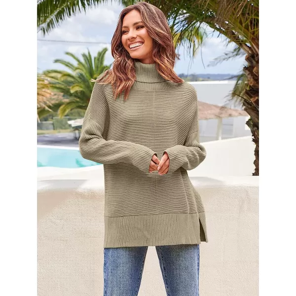 imageANRABESS Womens 2022 Fall Sweaters Turtleneck Long Batwing Sleeve Spilt Hem Pullover Knit Sweater TopsKhaki