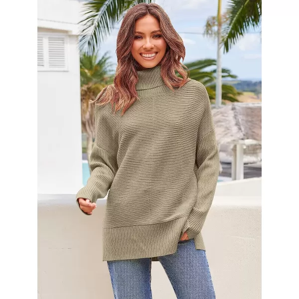 imageANRABESS Womens 2022 Fall Sweaters Turtleneck Long Batwing Sleeve Spilt Hem Pullover Knit Sweater TopsKhaki