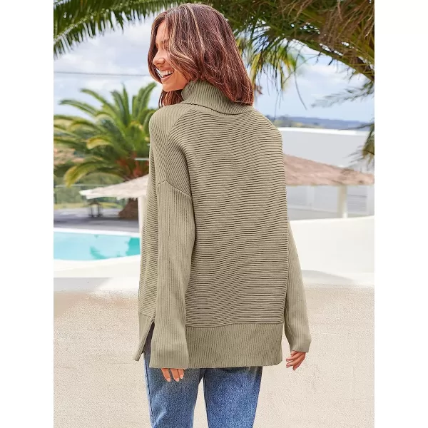 imageANRABESS Womens 2022 Fall Sweaters Turtleneck Long Batwing Sleeve Spilt Hem Pullover Knit Sweater TopsKhaki