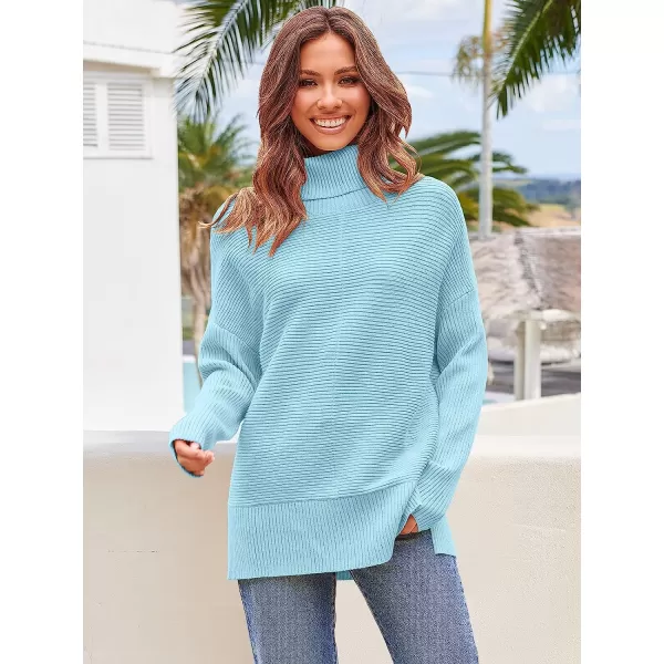 imageANRABESS Womens 2022 Fall Sweaters Turtleneck Long Batwing Sleeve Spilt Hem Pullover Knit Sweater TopsPale Blue