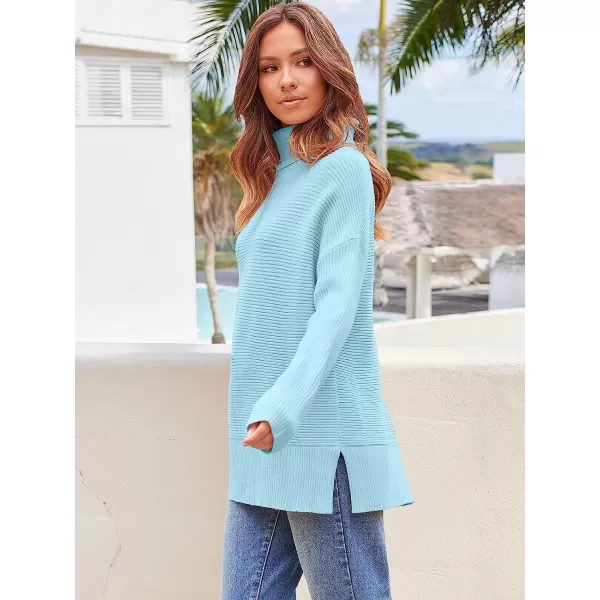 imageANRABESS Womens 2022 Fall Sweaters Turtleneck Long Batwing Sleeve Spilt Hem Pullover Knit Sweater TopsPale Blue