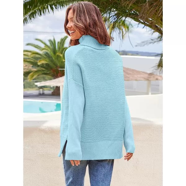 imageANRABESS Womens 2022 Fall Sweaters Turtleneck Long Batwing Sleeve Spilt Hem Pullover Knit Sweater TopsPale Blue