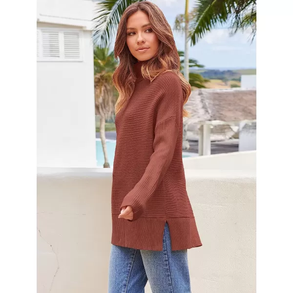 imageANRABESS Womens 2022 Fall Sweaters Turtleneck Long Batwing Sleeve Spilt Hem Pullover Knit Sweater TopsRed