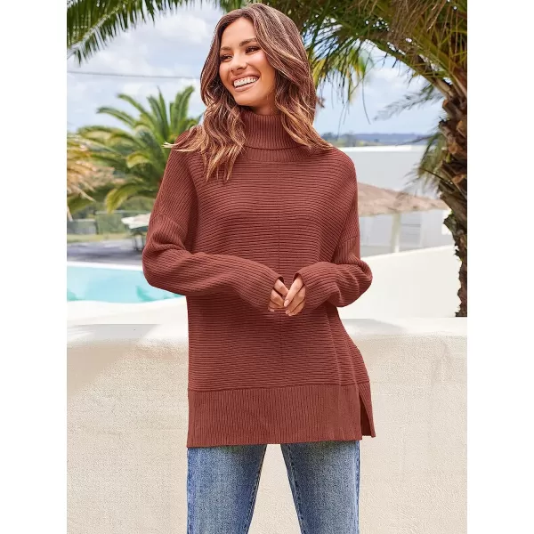 imageANRABESS Womens 2022 Fall Sweaters Turtleneck Long Batwing Sleeve Spilt Hem Pullover Knit Sweater TopsRed