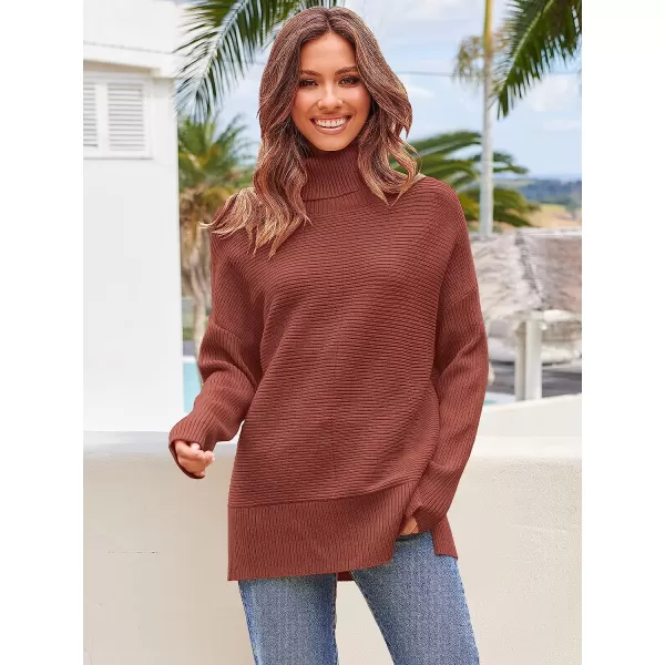 imageANRABESS Womens 2022 Fall Sweaters Turtleneck Long Batwing Sleeve Spilt Hem Pullover Knit Sweater TopsRed