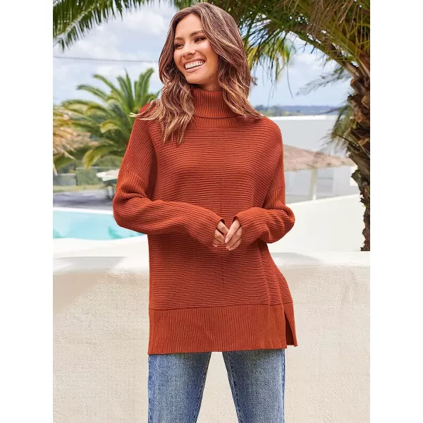imageANRABESS Womens 2022 Fall Sweaters Turtleneck Long Batwing Sleeve Spilt Hem Pullover Knit Sweater TopsRust
