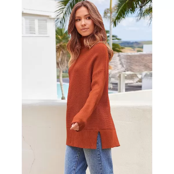 imageANRABESS Womens 2022 Fall Sweaters Turtleneck Long Batwing Sleeve Spilt Hem Pullover Knit Sweater TopsRust
