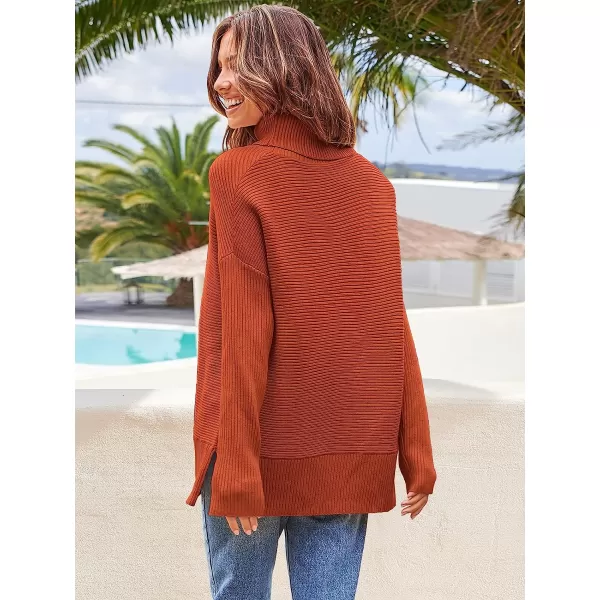 imageANRABESS Womens 2022 Fall Sweaters Turtleneck Long Batwing Sleeve Spilt Hem Pullover Knit Sweater TopsRust