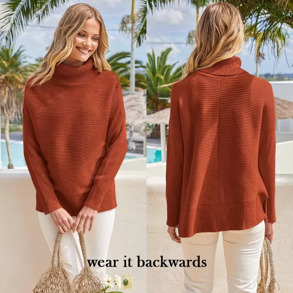imageANRABESS Womens 2022 Fall Sweaters Turtleneck Long Batwing Sleeve Spilt Hem Pullover Knit Sweater TopsRust