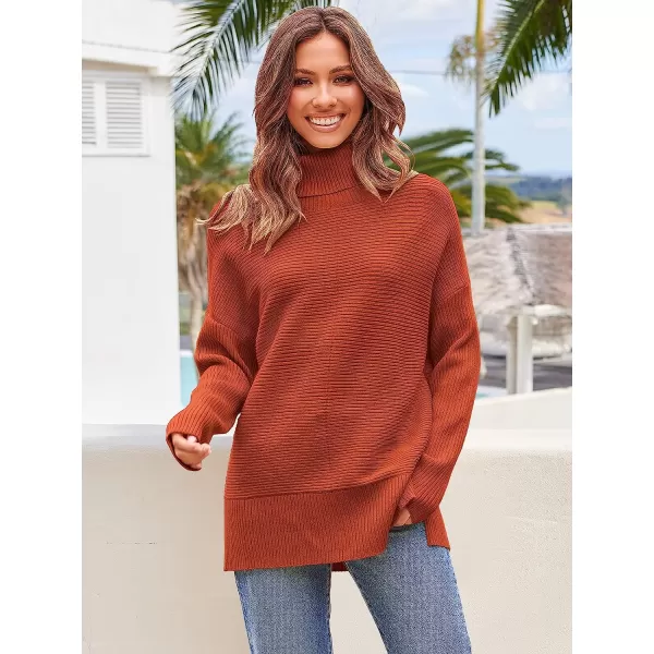 imageANRABESS Womens 2022 Fall Sweaters Turtleneck Long Batwing Sleeve Spilt Hem Pullover Knit Sweater TopsRust