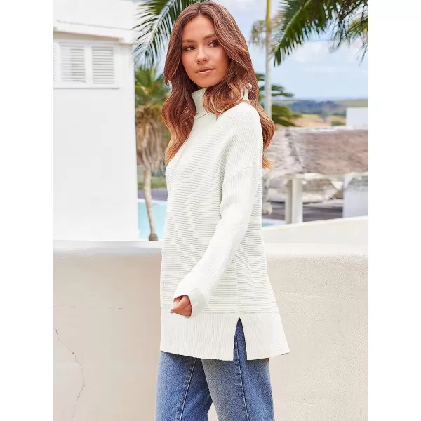 imageANRABESS Womens 2022 Fall Sweaters Turtleneck Long Batwing Sleeve Spilt Hem Pullover Knit Sweater TopsWhite