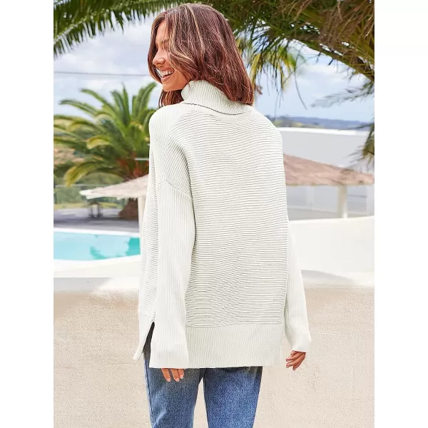 imageANRABESS Womens 2022 Fall Sweaters Turtleneck Long Batwing Sleeve Spilt Hem Pullover Knit Sweater TopsWhite