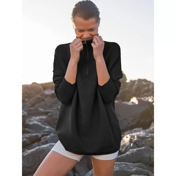 imageANRABESS Womens 2022 Fashion Quarter Zipper V Neck Collared Oversized Ribbed Knit Pullover Sweater TopBlack