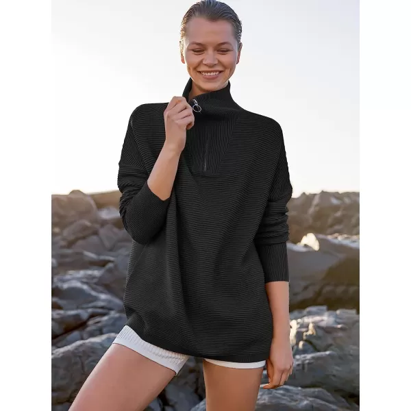imageANRABESS Womens 2022 Fashion Quarter Zipper V Neck Collared Oversized Ribbed Knit Pullover Sweater TopBlack
