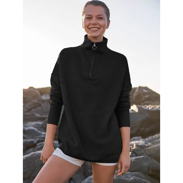 imageANRABESS Womens 2022 Fashion Quarter Zipper V Neck Collared Oversized Ribbed Knit Pullover Sweater TopBlack