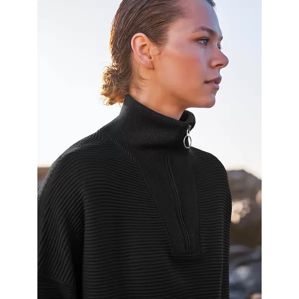 imageANRABESS Womens 2022 Fashion Quarter Zipper V Neck Collared Oversized Ribbed Knit Pullover Sweater TopBlack