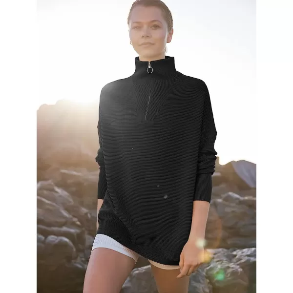 imageANRABESS Womens 2022 Fashion Quarter Zipper V Neck Collared Oversized Ribbed Knit Pullover Sweater TopBlack