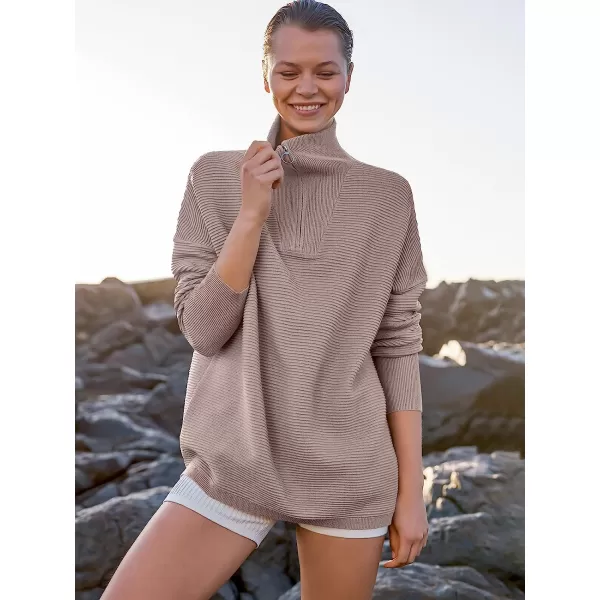 imageANRABESS Womens 2022 Fashion Quarter Zipper V Neck Collared Oversized Ribbed Knit Pullover Sweater TopCoffee