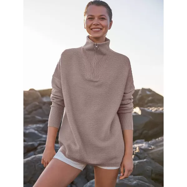 imageANRABESS Womens 2022 Fashion Quarter Zipper V Neck Collared Oversized Ribbed Knit Pullover Sweater TopCoffee