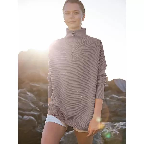 imageANRABESS Womens 2022 Fashion Quarter Zipper V Neck Collared Oversized Ribbed Knit Pullover Sweater TopCoffee