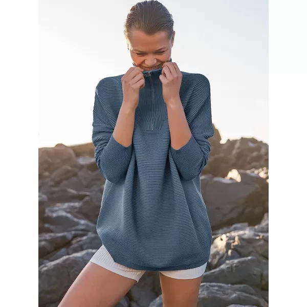 imageANRABESS Womens 2022 Fashion Quarter Zipper V Neck Collared Oversized Ribbed Knit Pullover Sweater TopDusty Blue