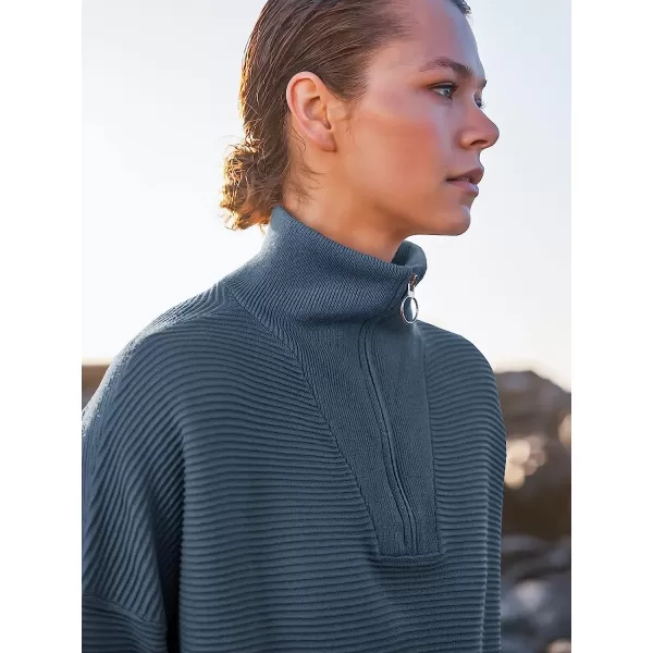 imageANRABESS Womens 2022 Fashion Quarter Zipper V Neck Collared Oversized Ribbed Knit Pullover Sweater TopDusty Blue