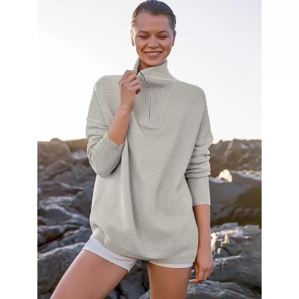 imageANRABESS Womens 2022 Fashion Quarter Zipper V Neck Collared Oversized Ribbed Knit Pullover Sweater TopGray