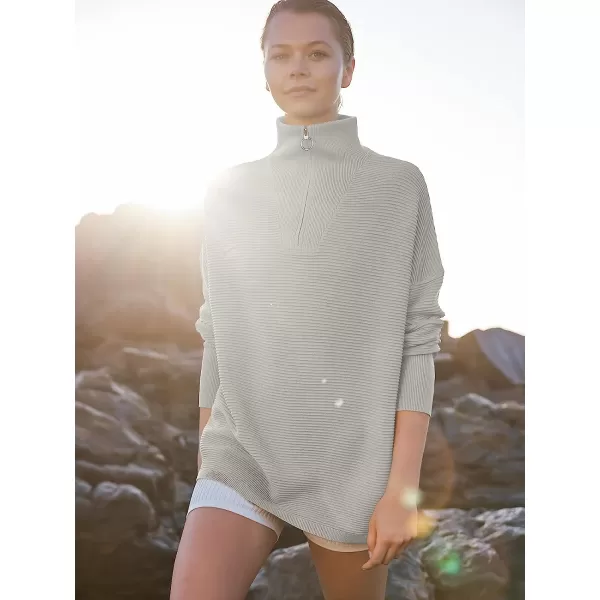 imageANRABESS Womens 2022 Fashion Quarter Zipper V Neck Collared Oversized Ribbed Knit Pullover Sweater TopGray