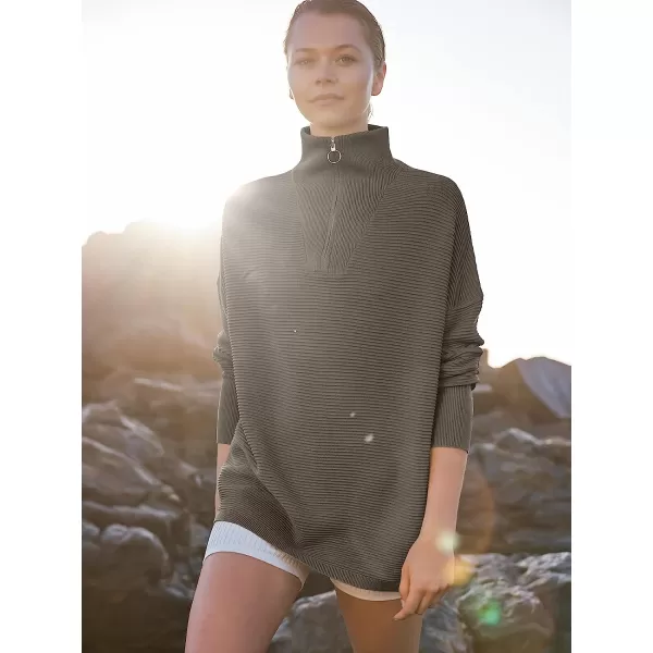 imageANRABESS Womens 2022 Fashion Quarter Zipper V Neck Collared Oversized Ribbed Knit Pullover Sweater TopGray Coffee
