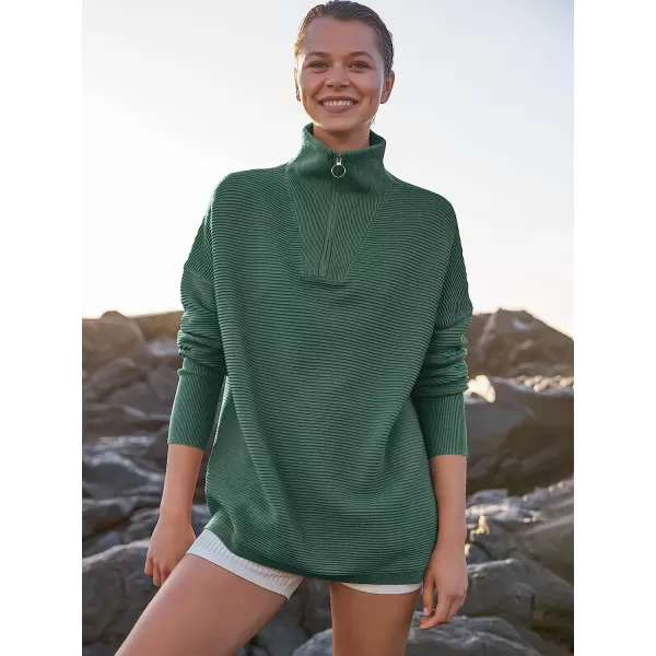 imageANRABESS Womens 2022 Fashion Quarter Zipper V Neck Collared Oversized Ribbed Knit Pullover Sweater TopGreen