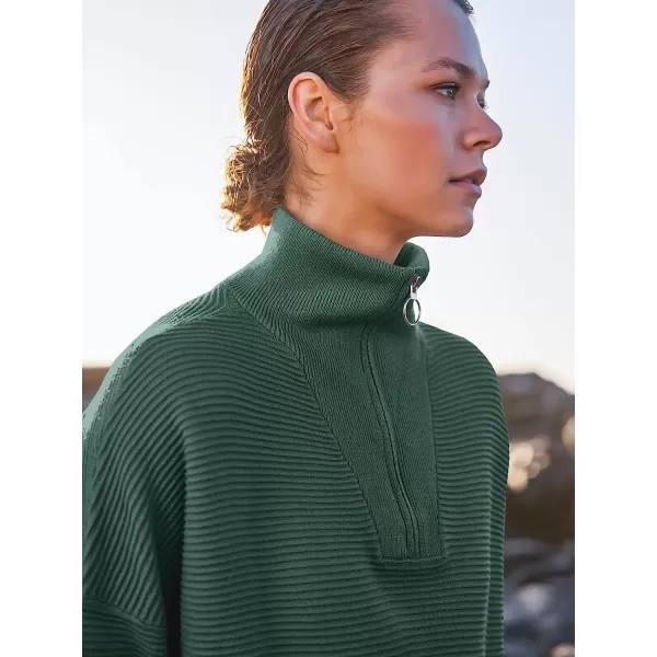imageANRABESS Womens 2022 Fashion Quarter Zipper V Neck Collared Oversized Ribbed Knit Pullover Sweater TopGreen