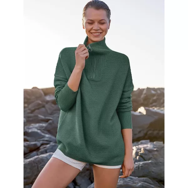 imageANRABESS Womens 2022 Fashion Quarter Zipper V Neck Collared Oversized Ribbed Knit Pullover Sweater TopGreen