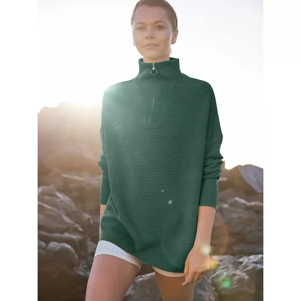 imageANRABESS Womens 2022 Fashion Quarter Zipper V Neck Collared Oversized Ribbed Knit Pullover Sweater TopGreen