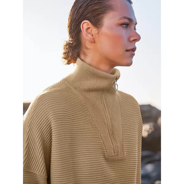 imageANRABESS Womens 2022 Fashion Quarter Zipper V Neck Collared Oversized Ribbed Knit Pullover Sweater TopKhaki