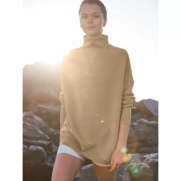 imageANRABESS Womens 2022 Fashion Quarter Zipper V Neck Collared Oversized Ribbed Knit Pullover Sweater TopKhaki