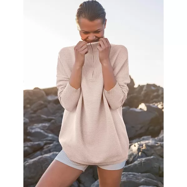 imageANRABESS Womens 2022 Fashion Quarter Zipper V Neck Collared Oversized Ribbed Knit Pullover Sweater TopPink