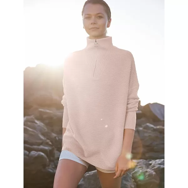 imageANRABESS Womens 2022 Fashion Quarter Zipper V Neck Collared Oversized Ribbed Knit Pullover Sweater TopPink