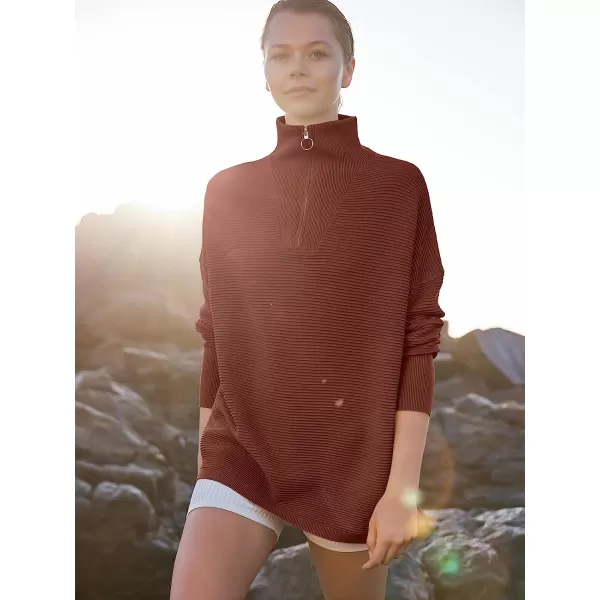 imageANRABESS Womens 2022 Fashion Quarter Zipper V Neck Collared Oversized Ribbed Knit Pullover Sweater TopRust