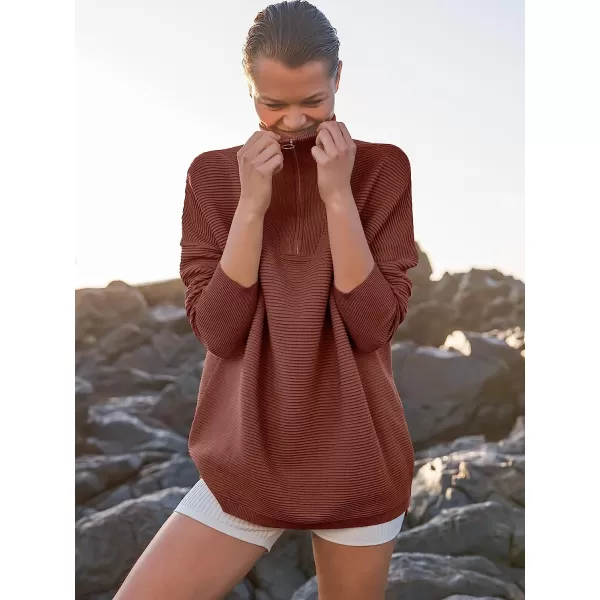 imageANRABESS Womens 2022 Fashion Quarter Zipper V Neck Collared Oversized Ribbed Knit Pullover Sweater TopRust