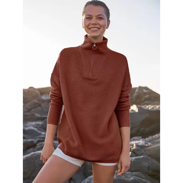 imageANRABESS Womens 2022 Fashion Quarter Zipper V Neck Collared Oversized Ribbed Knit Pullover Sweater TopRust