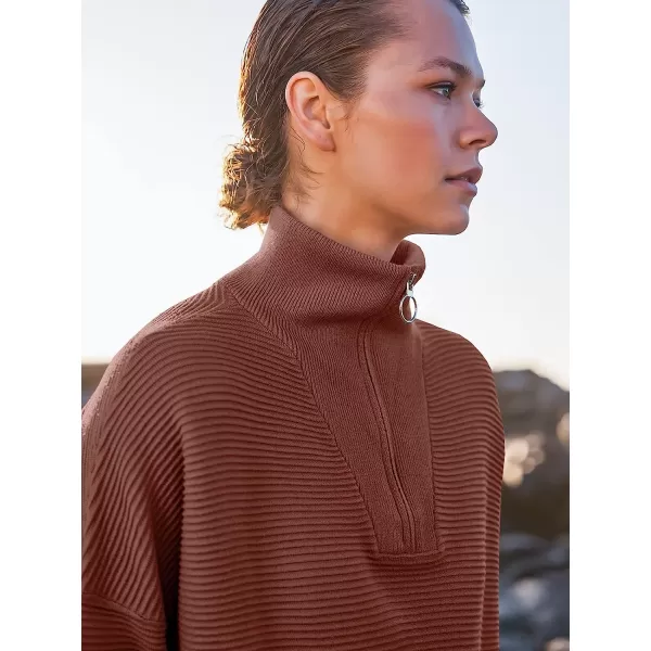 imageANRABESS Womens 2022 Fashion Quarter Zipper V Neck Collared Oversized Ribbed Knit Pullover Sweater TopRust