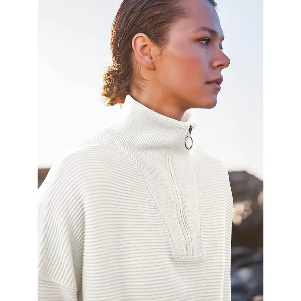 imageANRABESS Womens 2022 Fashion Quarter Zipper V Neck Collared Oversized Ribbed Knit Pullover Sweater TopWhite