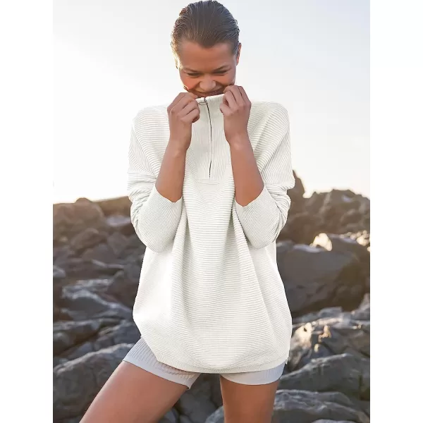 imageANRABESS Womens 2022 Fashion Quarter Zipper V Neck Collared Oversized Ribbed Knit Pullover Sweater TopWhite