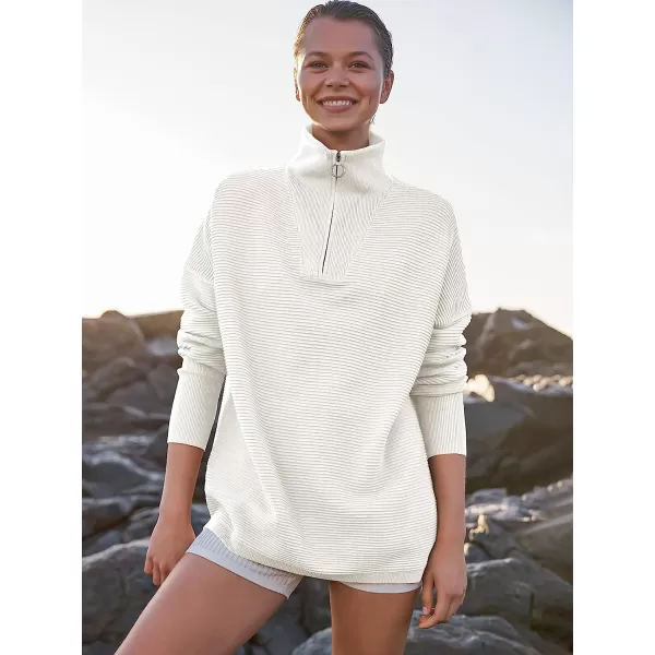 imageANRABESS Womens 2022 Fashion Quarter Zipper V Neck Collared Oversized Ribbed Knit Pullover Sweater TopWhite