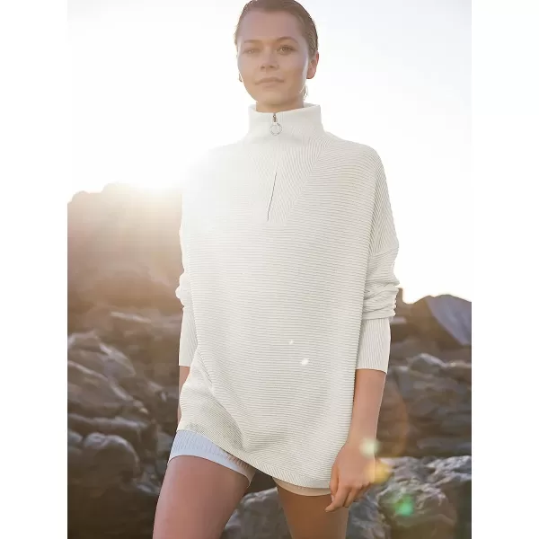 imageANRABESS Womens 2022 Fashion Quarter Zipper V Neck Collared Oversized Ribbed Knit Pullover Sweater TopWhite