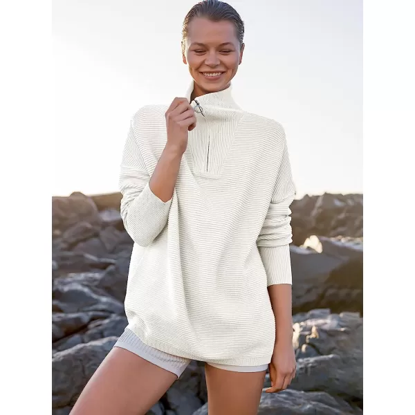 imageANRABESS Womens 2022 Fashion Quarter Zipper V Neck Collared Oversized Ribbed Knit Pullover Sweater TopWhite