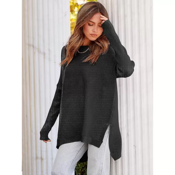imageANRABESS Womens 2023 Casual Oversized Long Batwing Sleeve Crewneck Spilt High Low Hem Knit Tunic Pullover Sweater TopsBlack