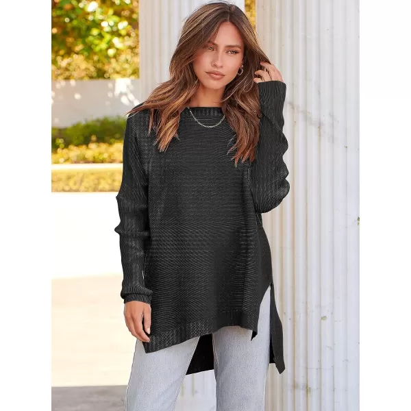 imageANRABESS Womens 2023 Casual Oversized Long Batwing Sleeve Crewneck Spilt High Low Hem Knit Tunic Pullover Sweater TopsBlack