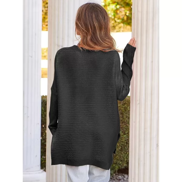imageANRABESS Womens 2023 Casual Oversized Long Batwing Sleeve Crewneck Spilt High Low Hem Knit Tunic Pullover Sweater TopsBlack